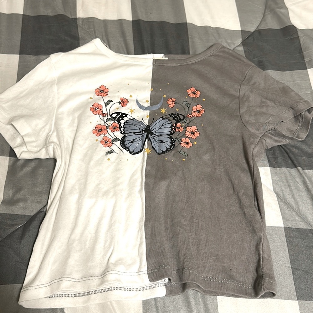 Half-and-half, white, and gray butterfly floral crop top